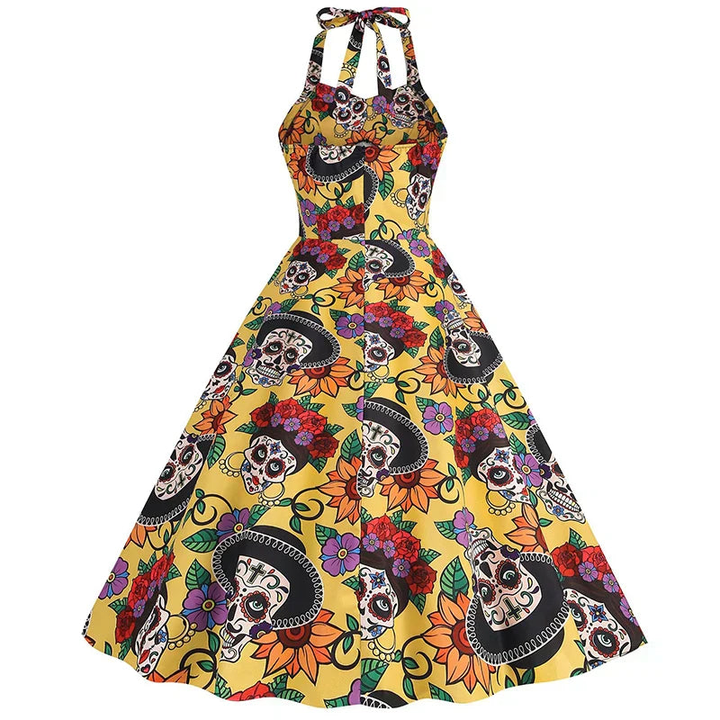 Halloween Costume Dress with Skull Print | Midi