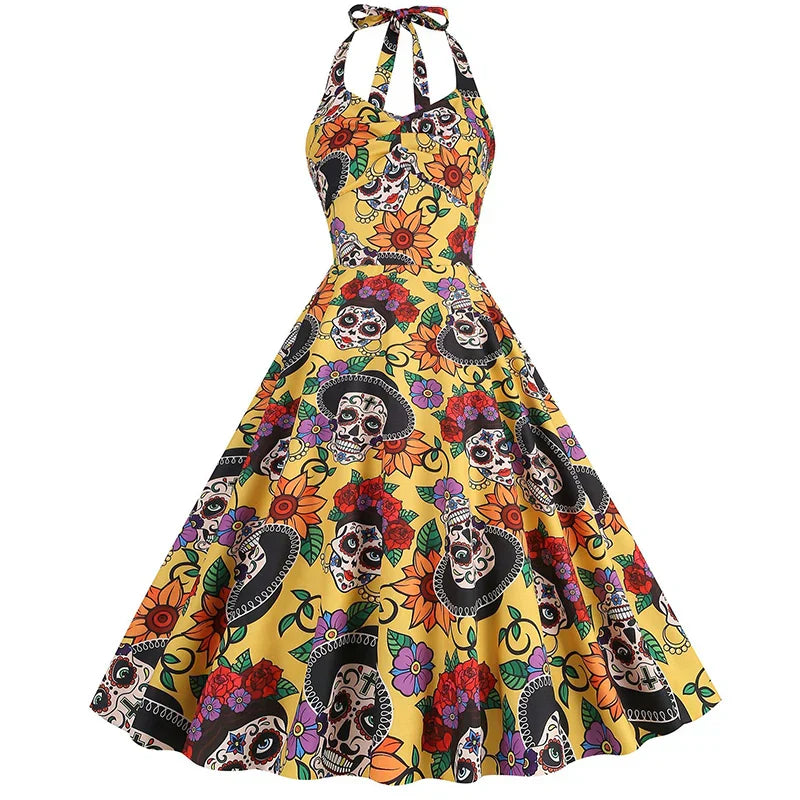 Halloween Costume Dress with Skull Print | Midi