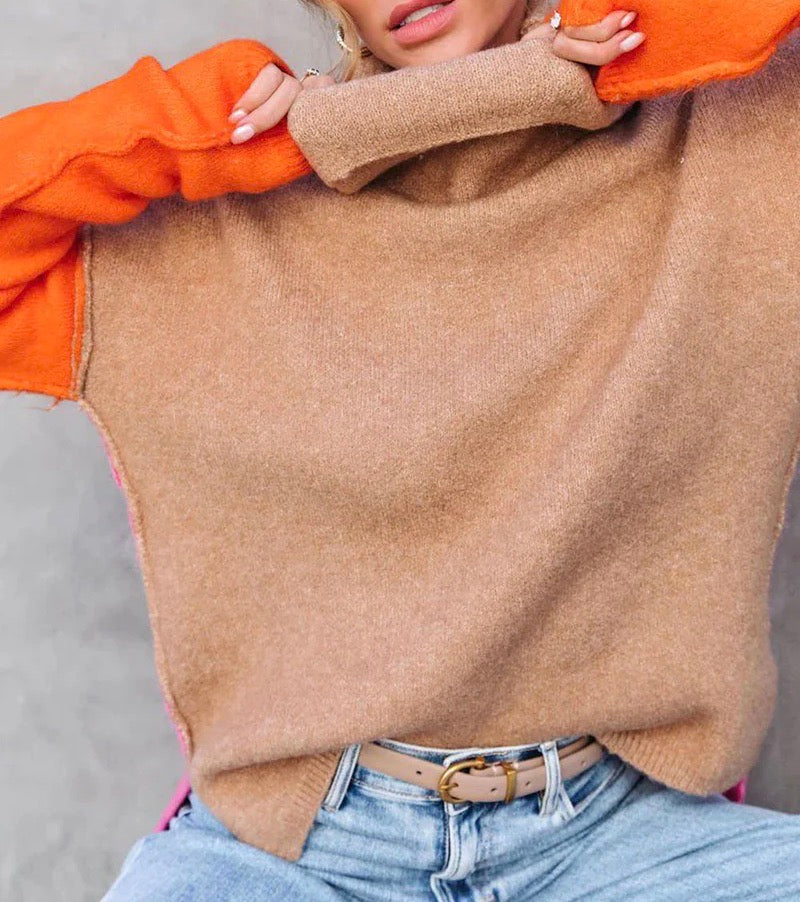 Rose | Cozy Winter Colorblock Turtleneck Sweater