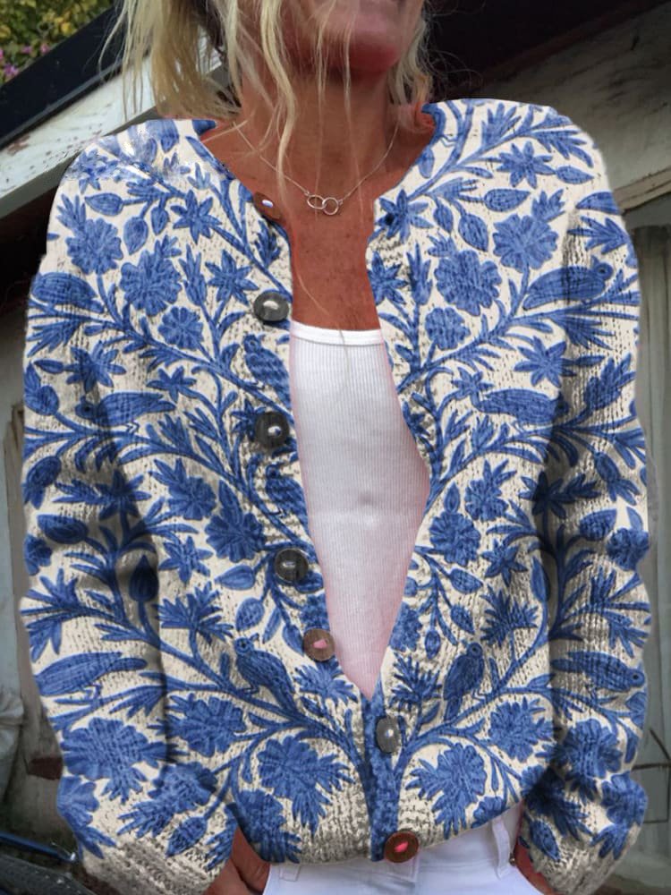 Luna | Women's Floral Pattern Cardigan with Crew Neck