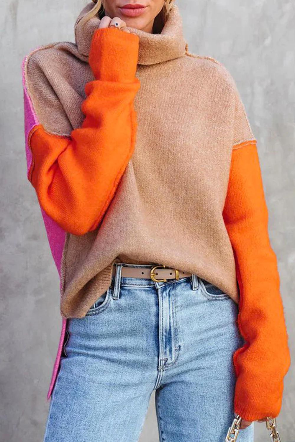 Rose | Cozy Winter Colorblock Turtleneck Sweater