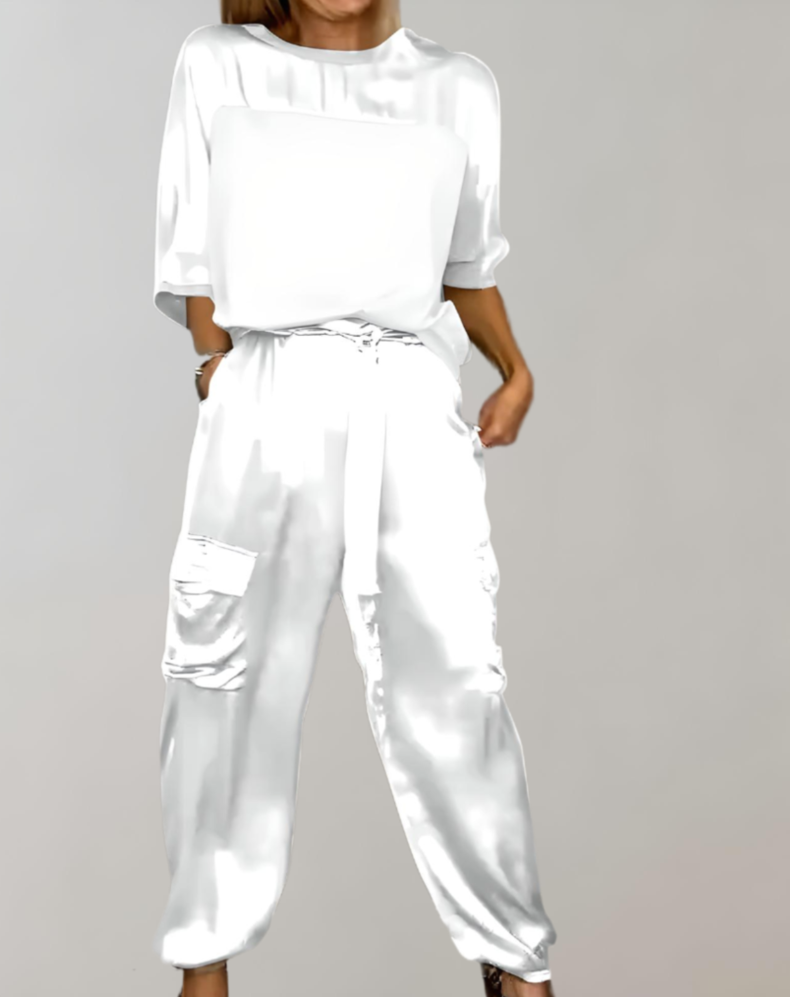 2-Piece Set | Elegant Satin Top with Satin Cargo Trousers
