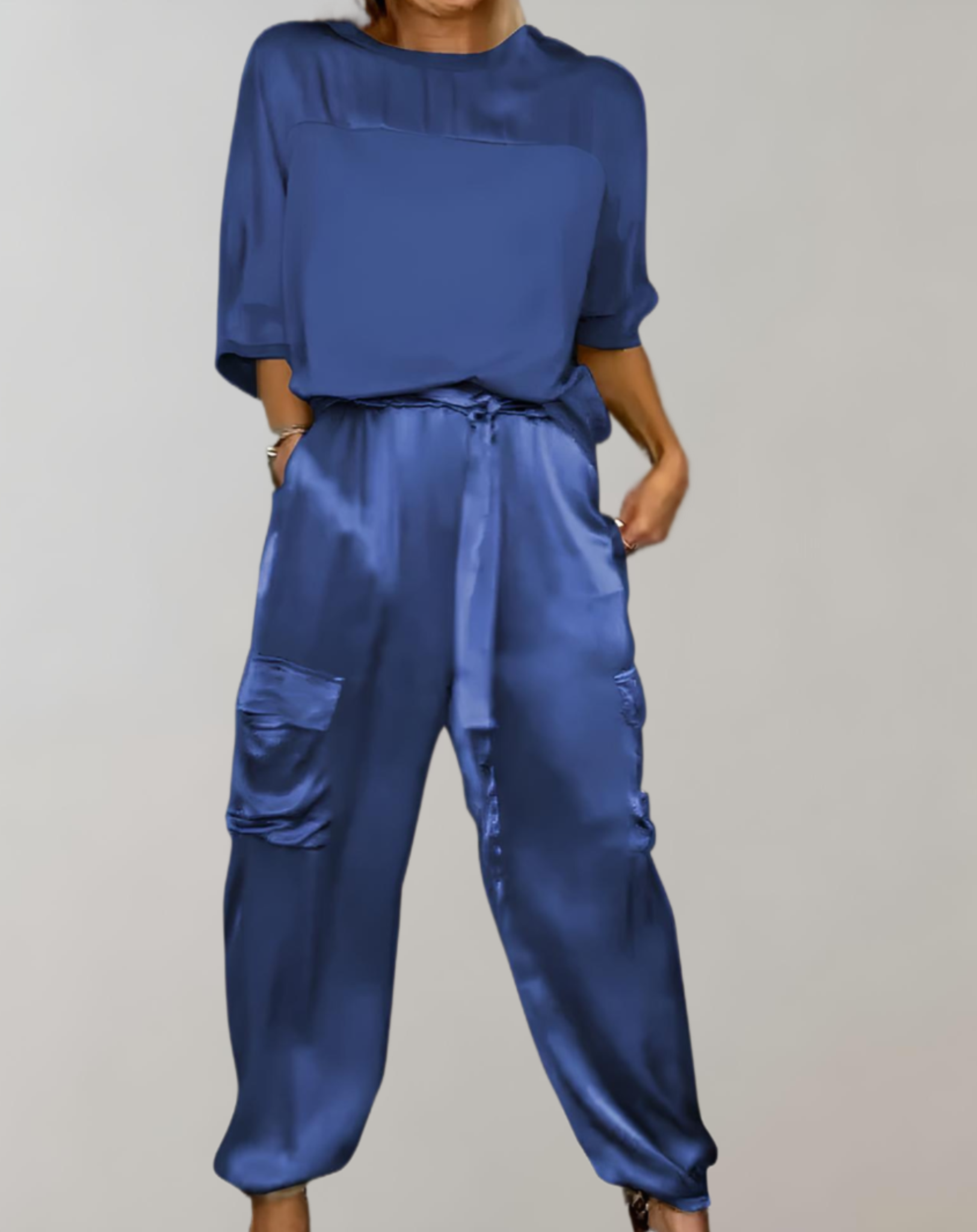 2-Piece Set | Elegant Satin Top with Satin Cargo Trousers
