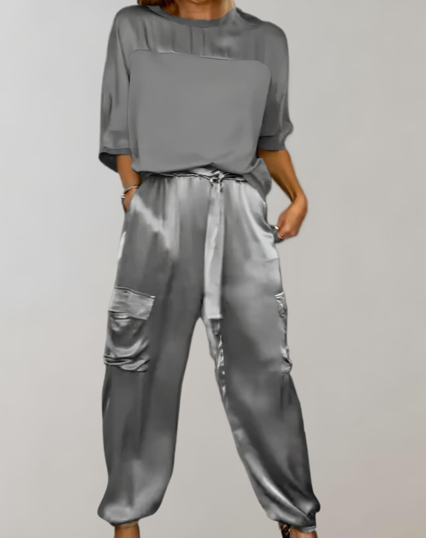 2-Piece Set | Elegant Satin Top with Satin Cargo Trousers