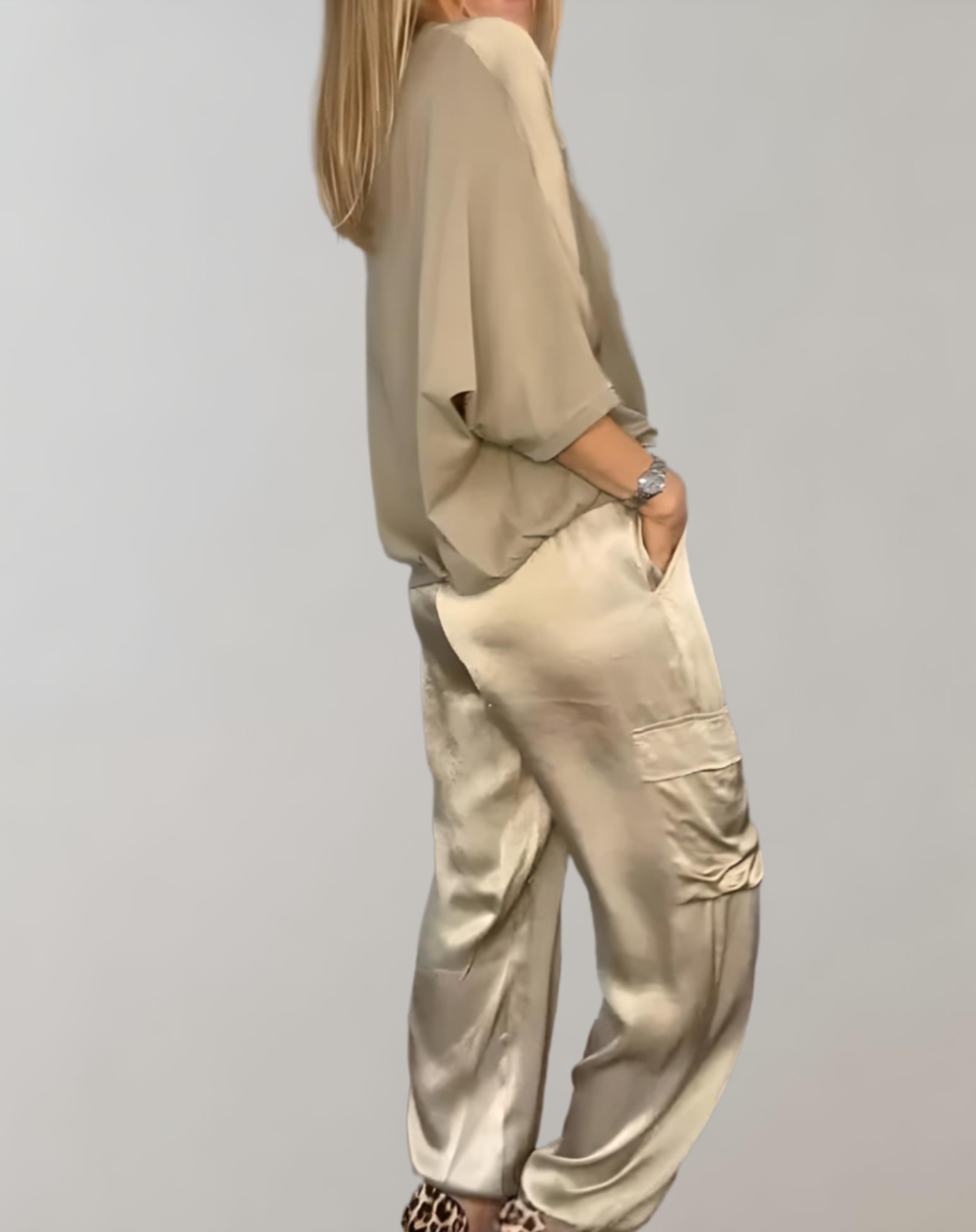 2-Piece Set | Elegant Satin Top with Satin Cargo Trousers