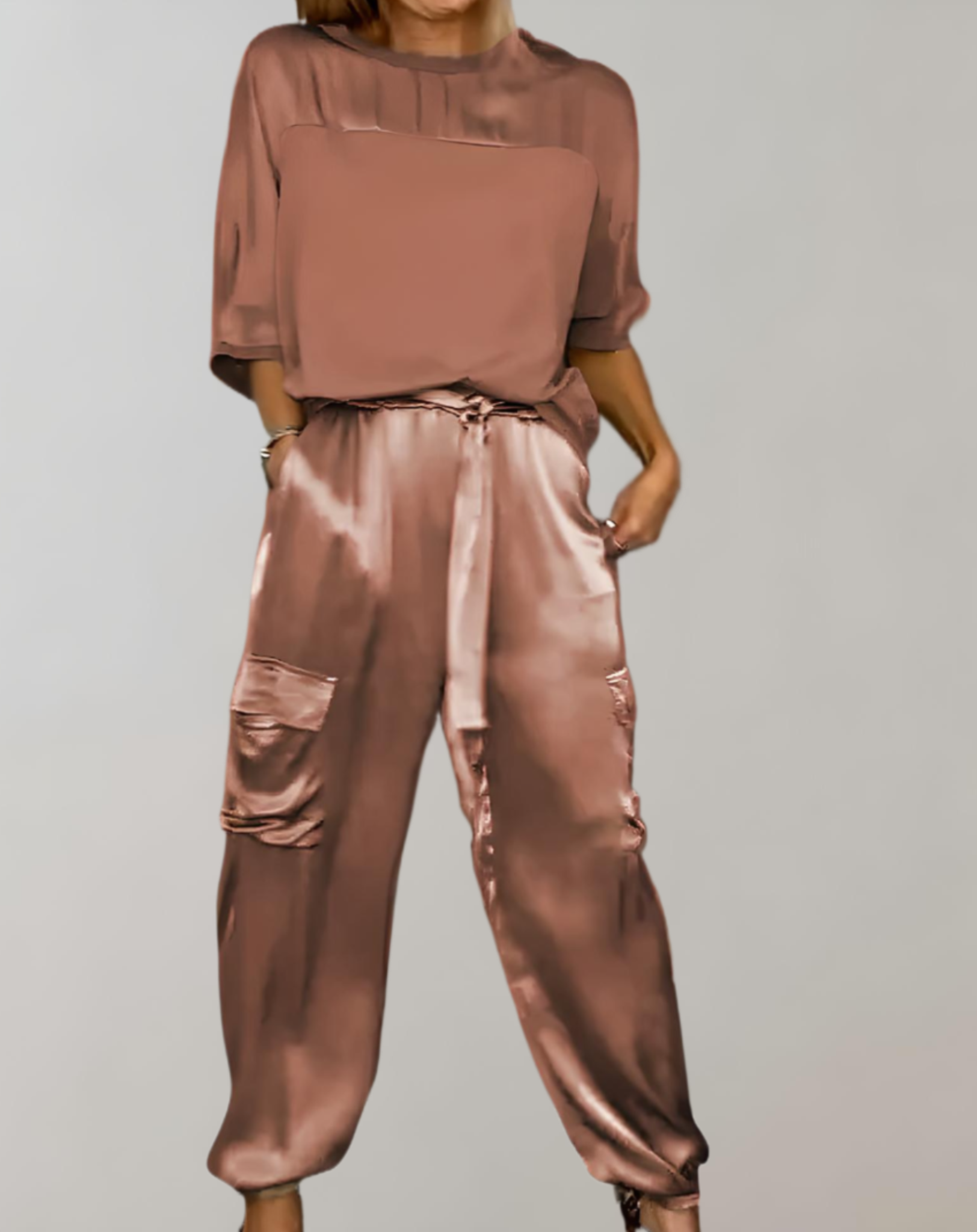 2-Piece Set | Elegant Satin Top with Satin Cargo Trousers