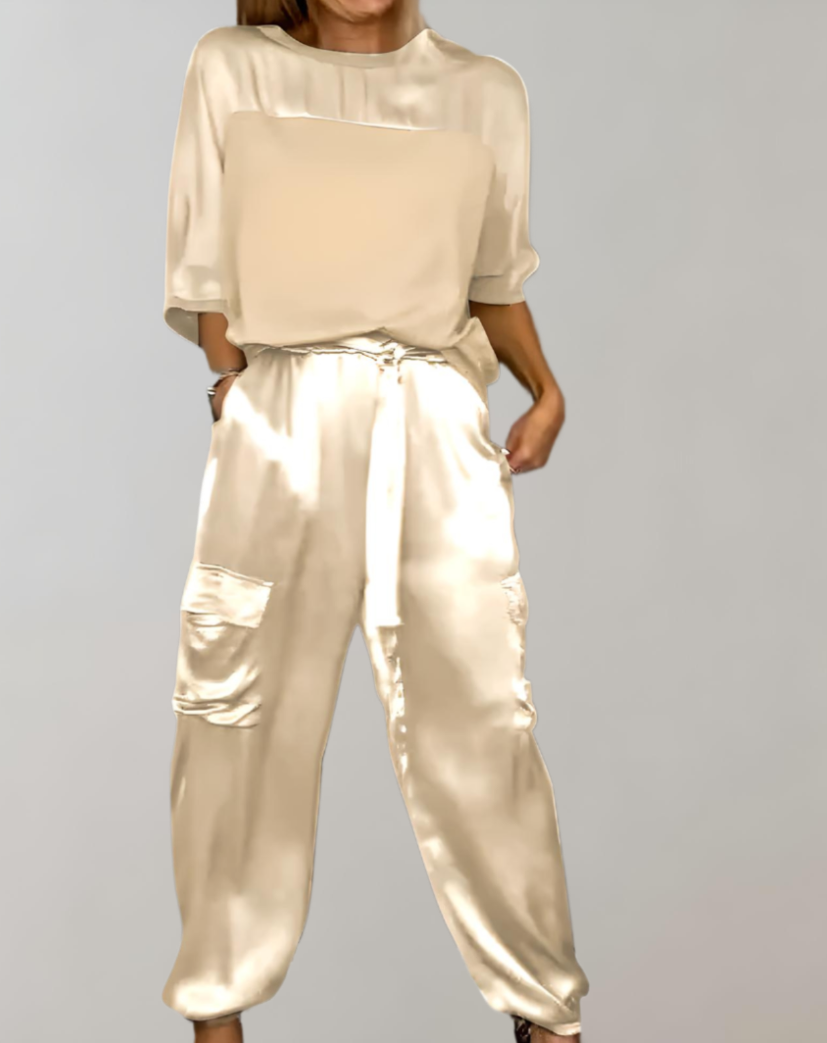 2-Piece Set | Elegant Satin Top with Satin Cargo Trousers