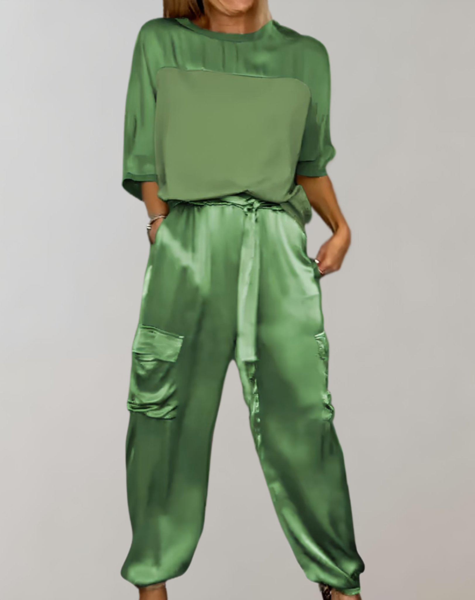 2-Piece Set | Elegant Satin Top with Satin Cargo Trousers