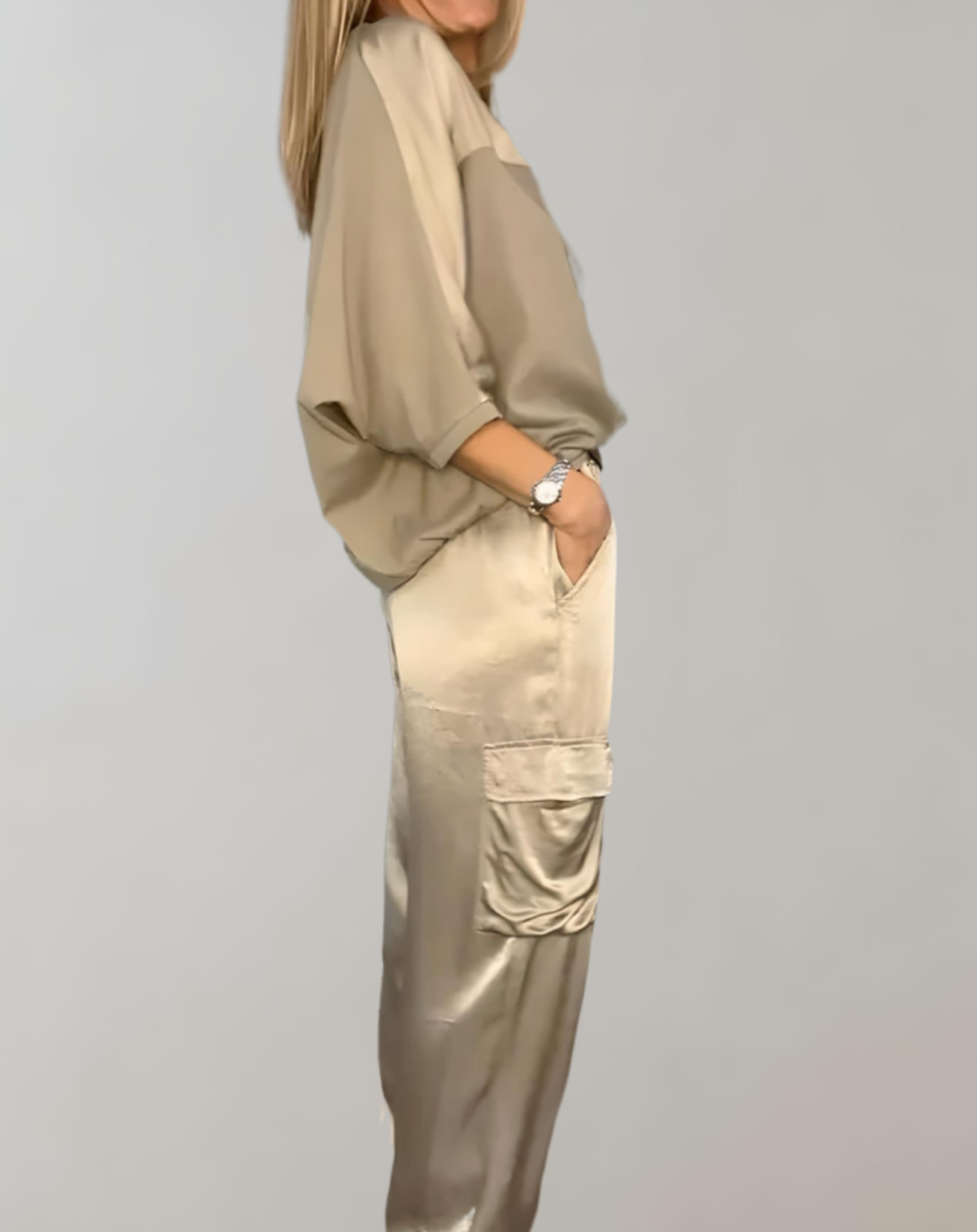 2-Piece Set | Elegant Satin Top with Satin Cargo Trousers