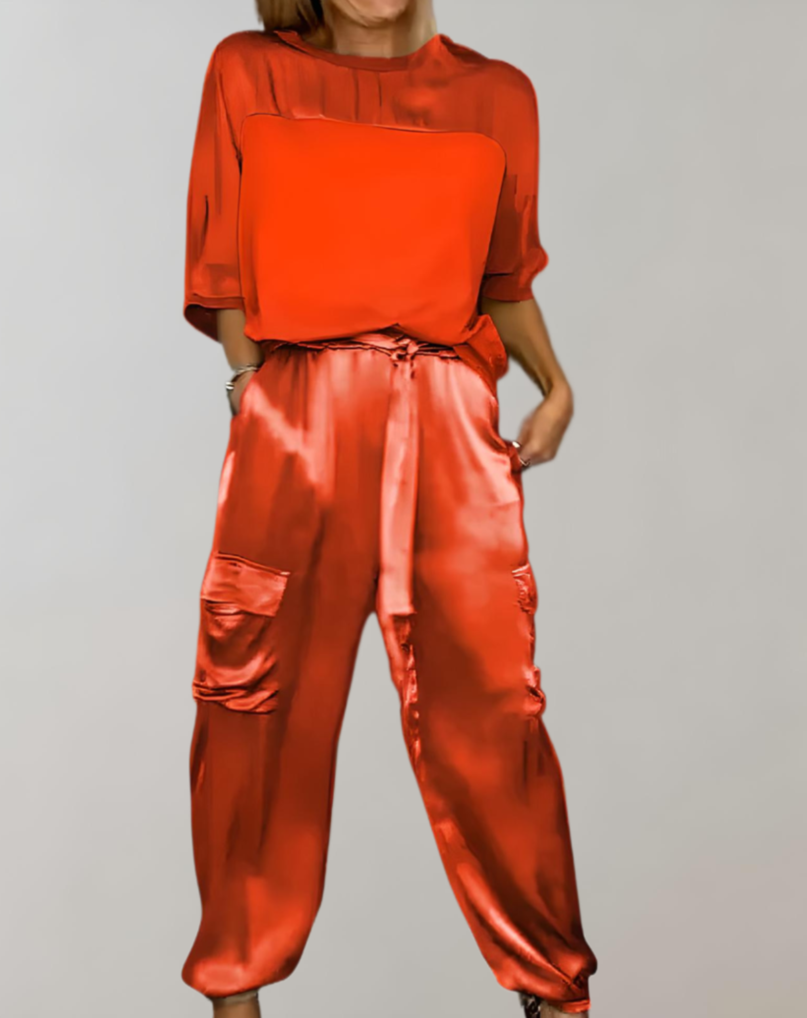 2-Piece Set | Elegant Satin Top with Satin Cargo Trousers