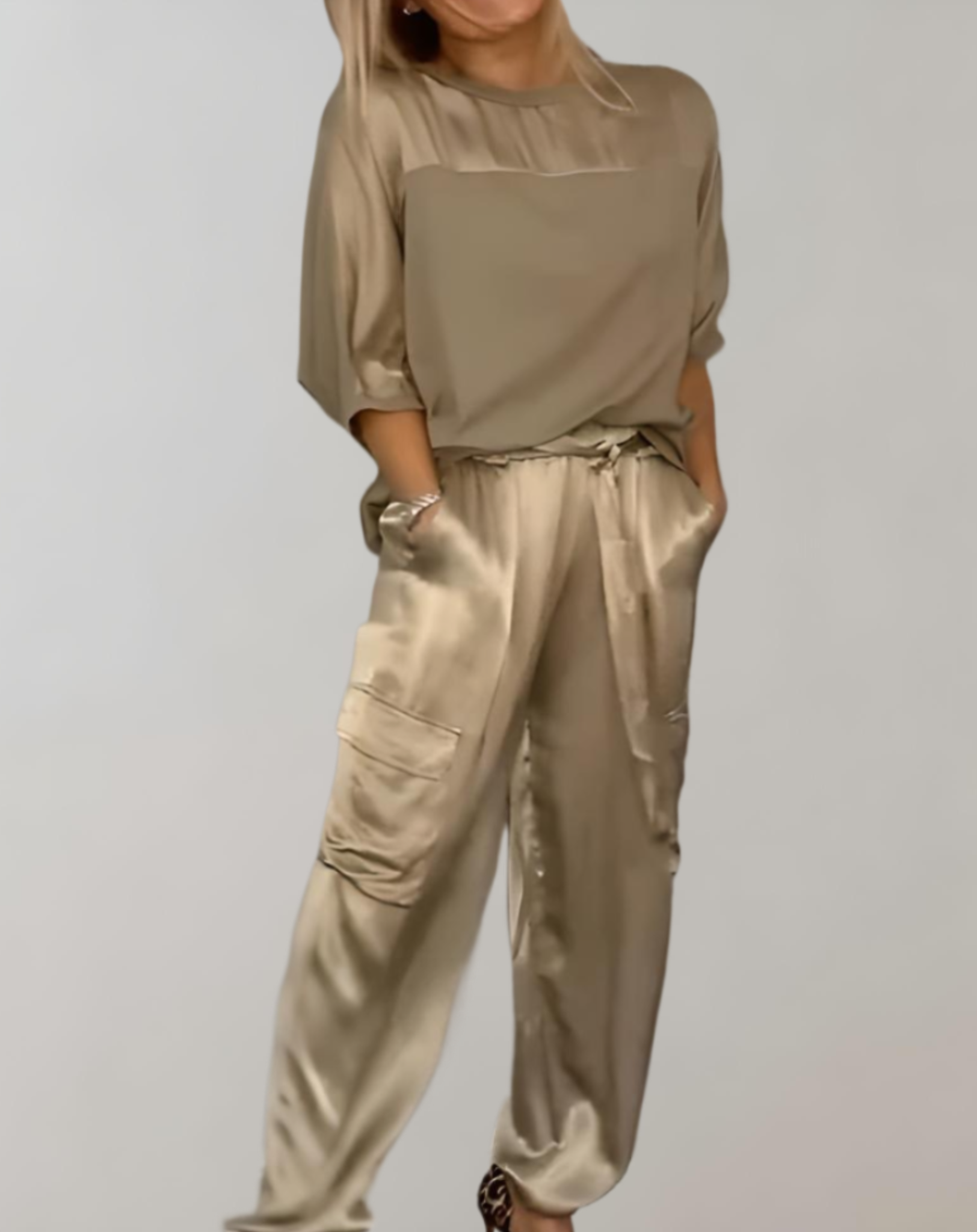 2-Piece Set | Elegant Satin Top with Satin Cargo Trousers
