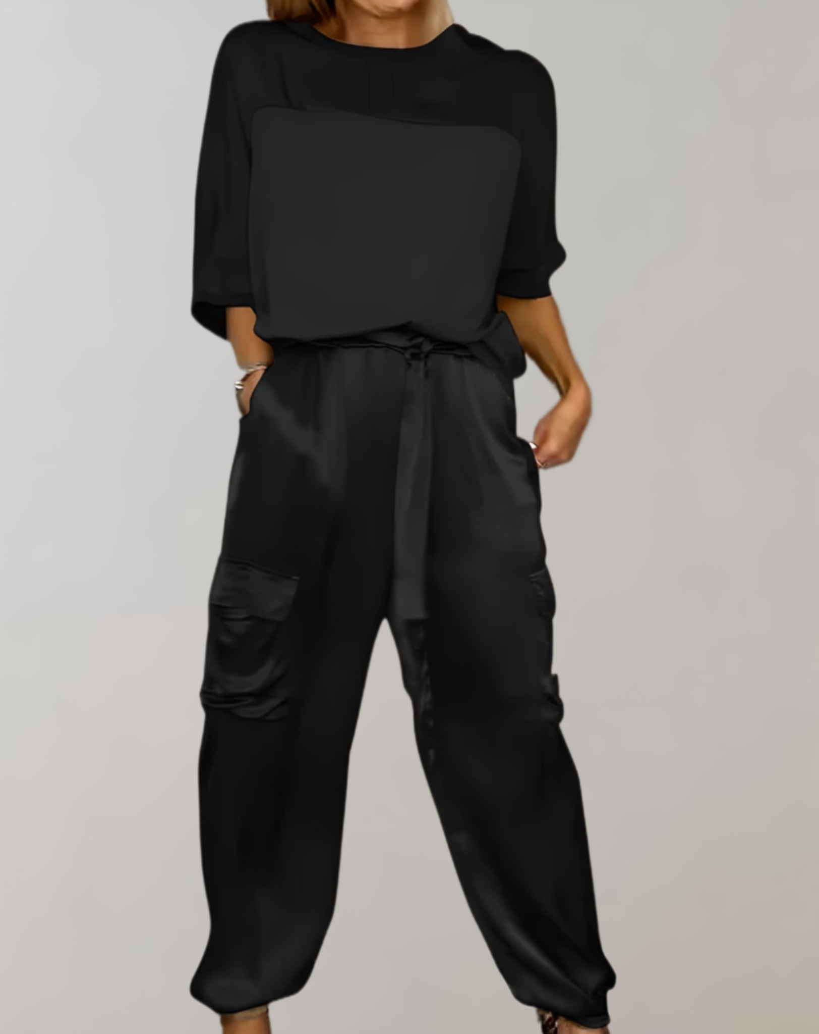 2-Piece Set | Elegant Satin Top with Satin Cargo Trousers