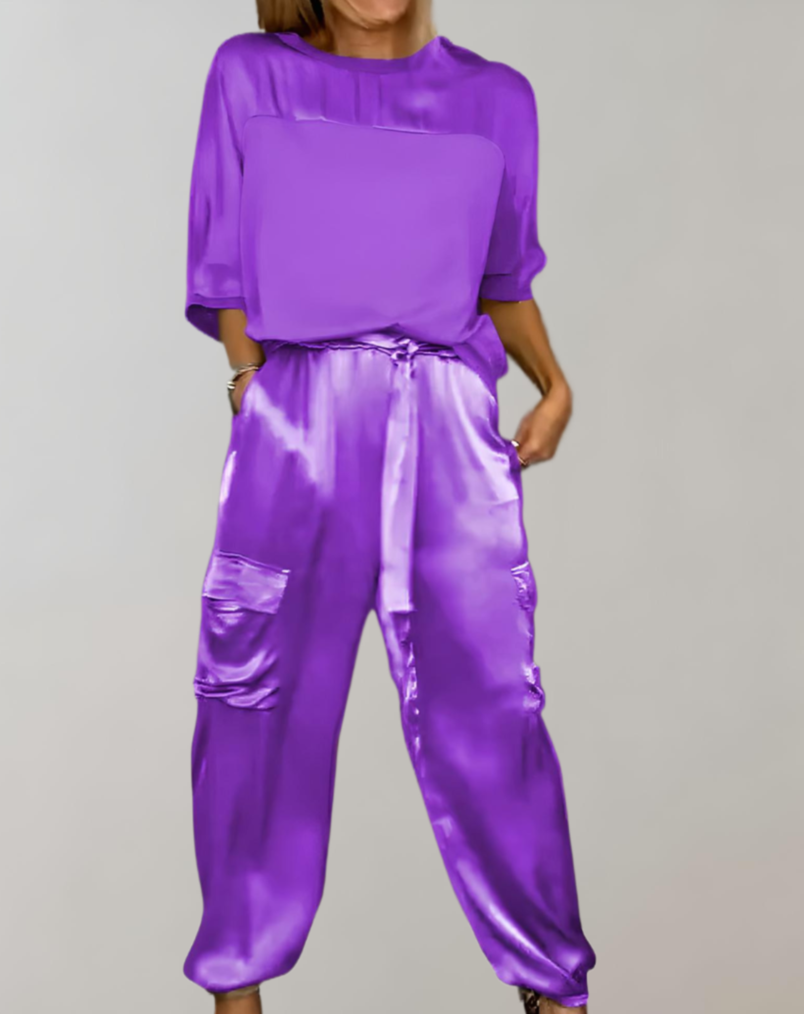 2-Piece Set | Elegant Satin Top with Satin Cargo Trousers