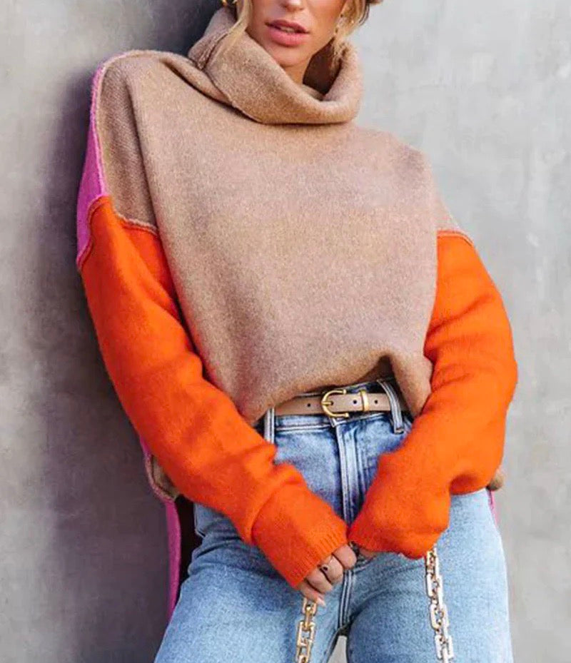 Rose | Cozy Winter Colorblock Turtleneck Sweater