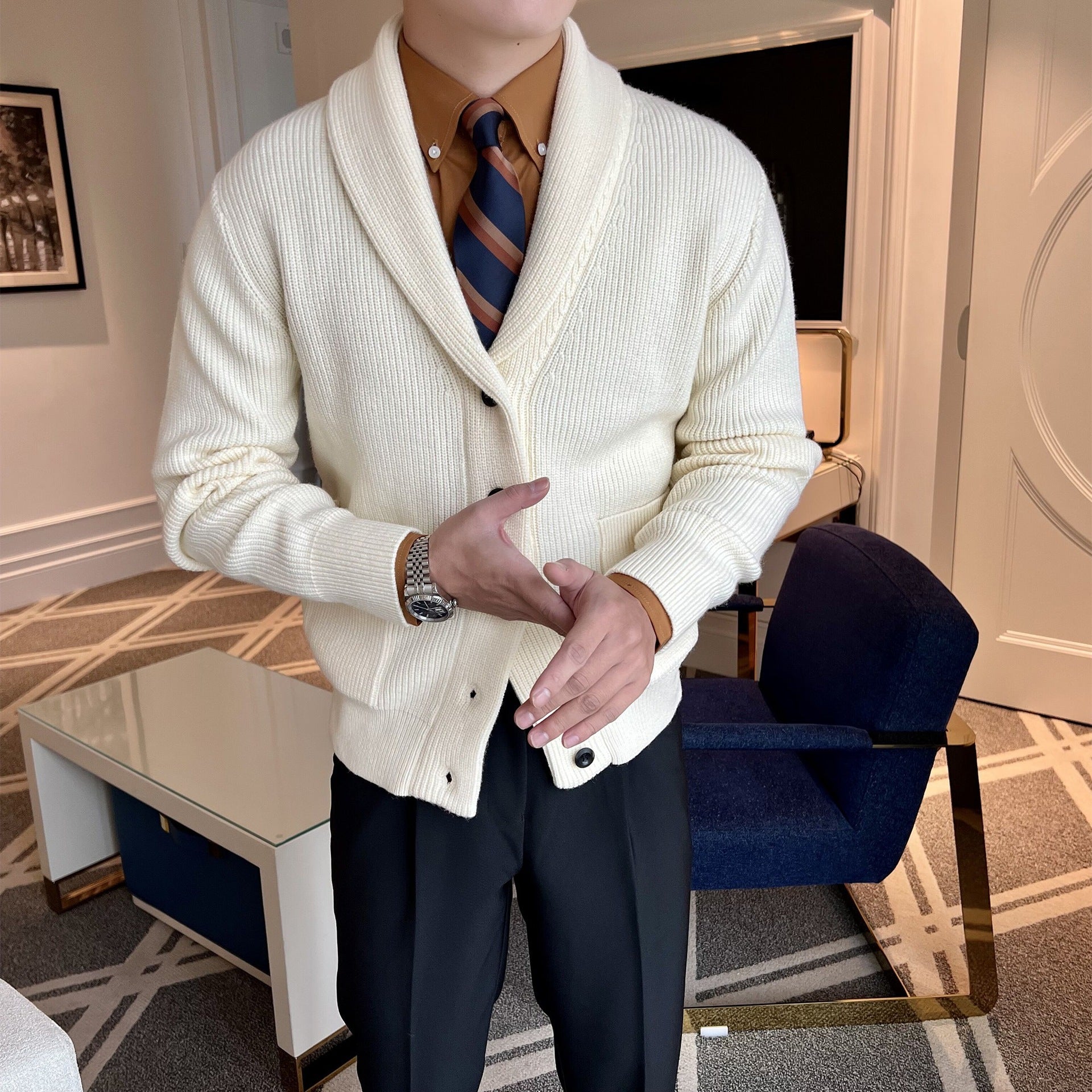 Gavin | Men's Shawl Collar Cardigan | Ribbed Knit Button-Up for Casual and Dressy Occasions