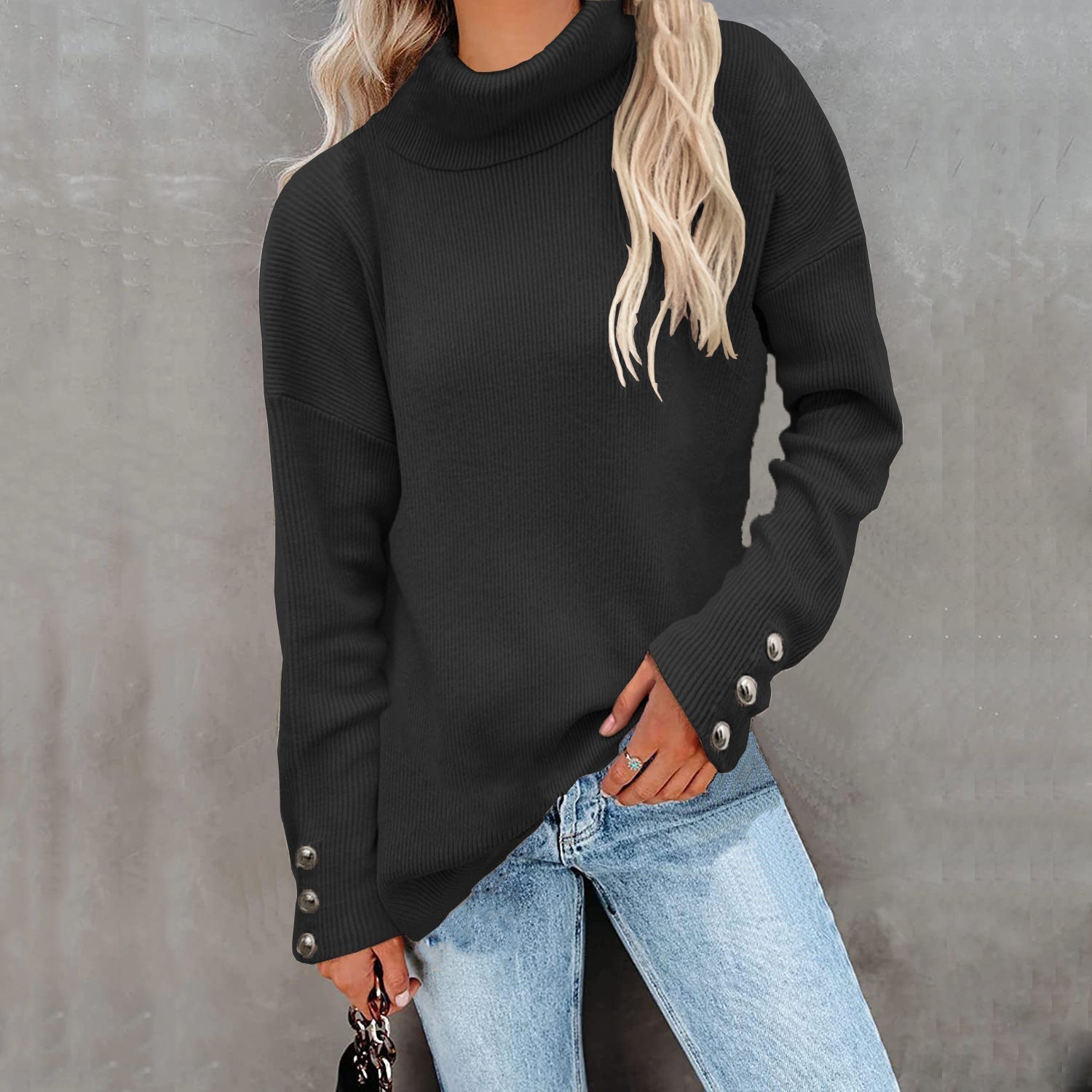 Elle | Winter Chic Turtleneck Sweater with Button Cuffs