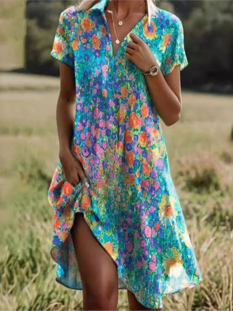 Elegant Floral Dress with V-Neck and Buttons