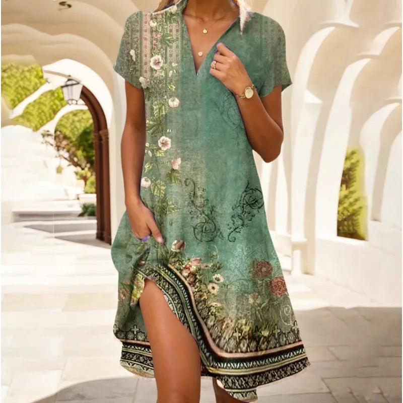 Elegant Floral Dress with V-Neck and Buttons