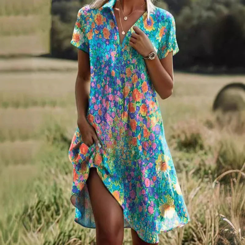 Elegant Floral Dress with V-Neck and Buttons