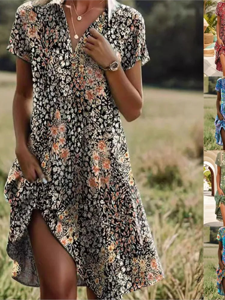 Elegant Floral Dress with V-Neck and Buttons