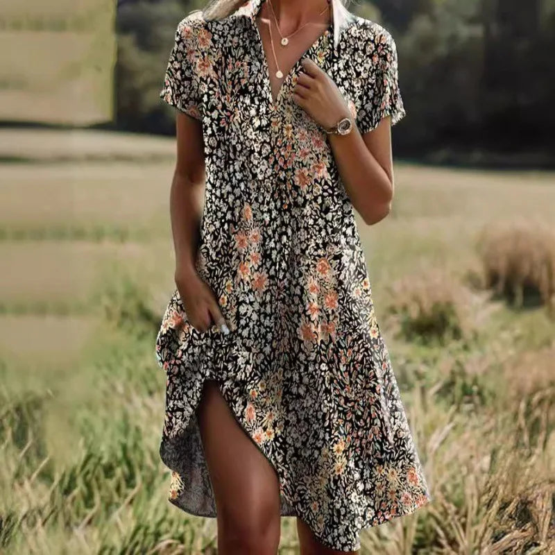 Elegant Floral Dress with V-Neck and Buttons