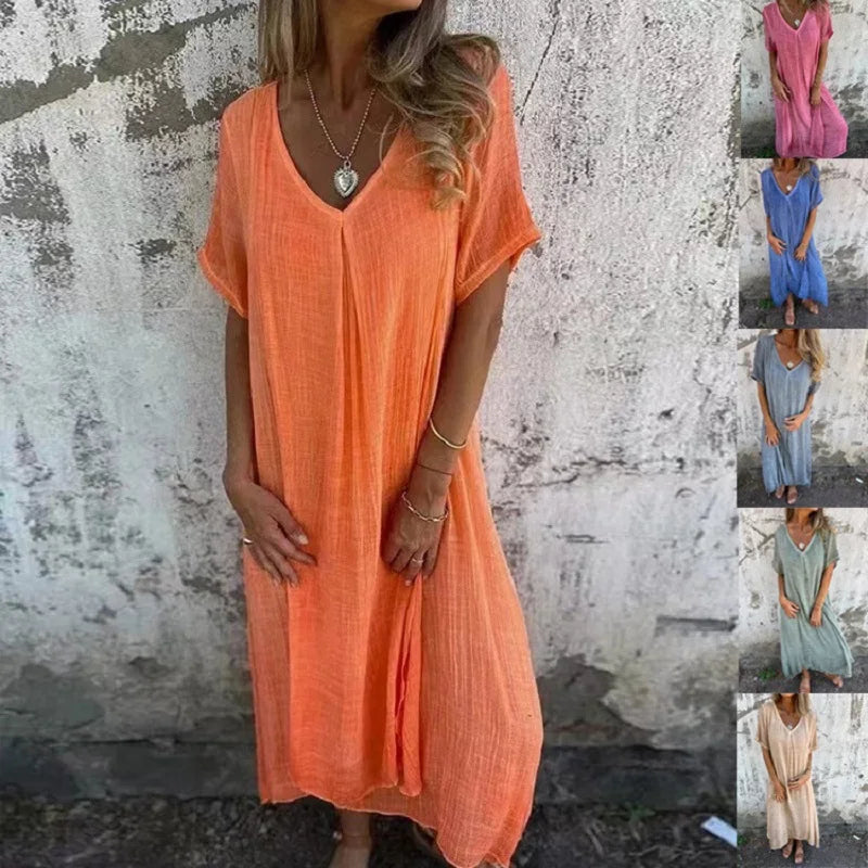 Elegant V-Neck Summer Dress with Relaxed Fit