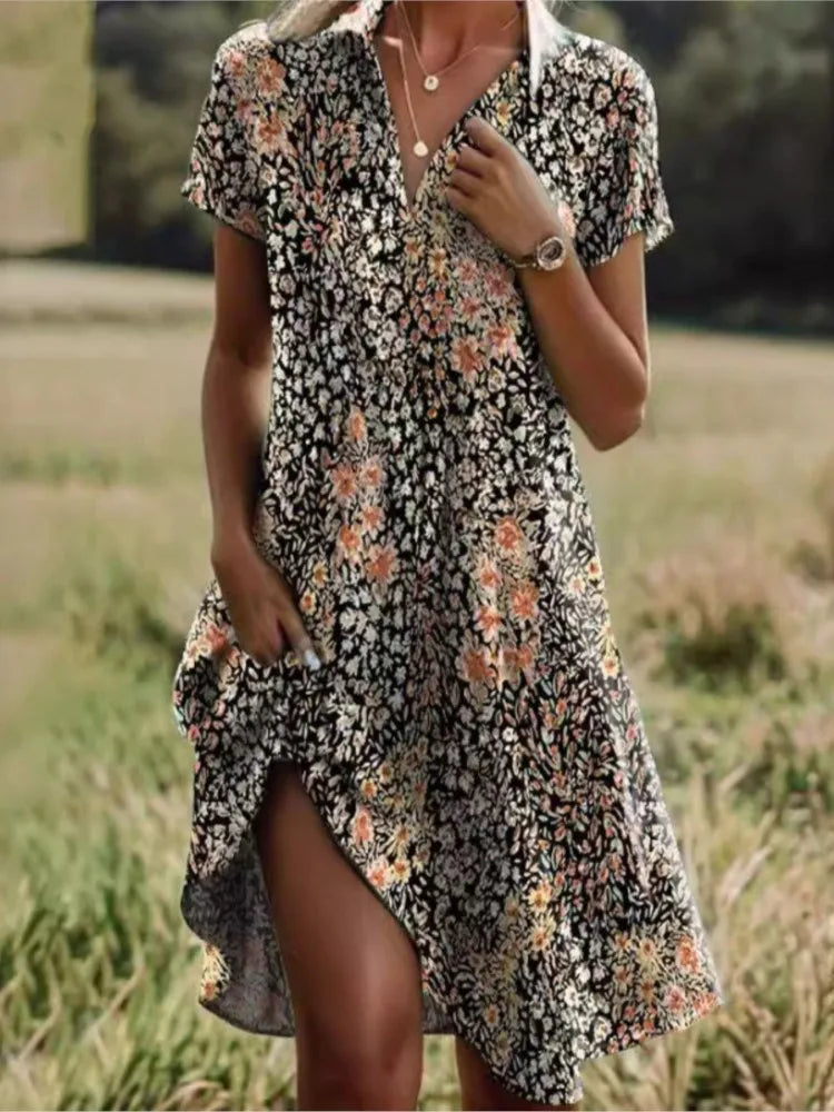 Elegant Floral Dress with V-Neck and Buttons