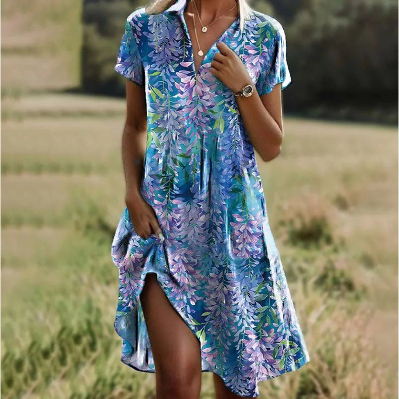 Elegant Floral Dress with V-Neck and Buttons