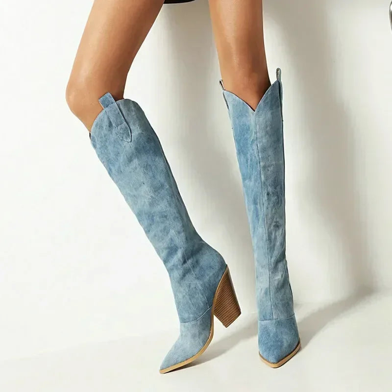 May | Winter Blue Overknee Cowboy Boots for Women