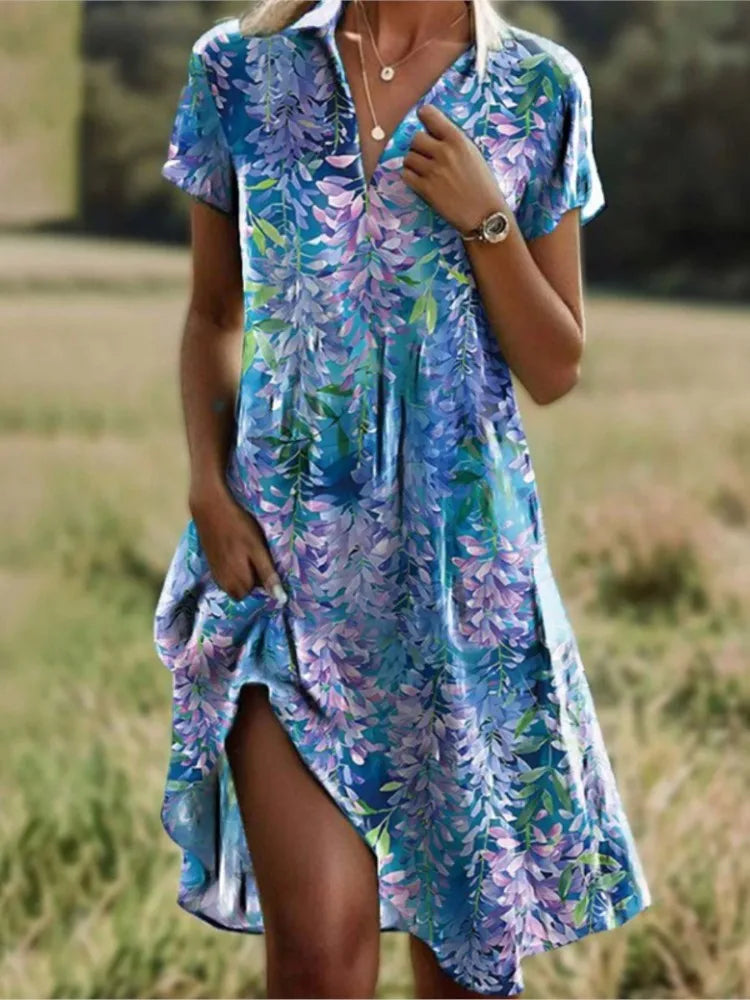 Elegant Floral Dress with V-Neck and Buttons