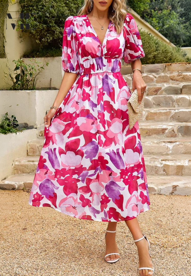 Roxanne | Chic Floral Midi Dress with Flair