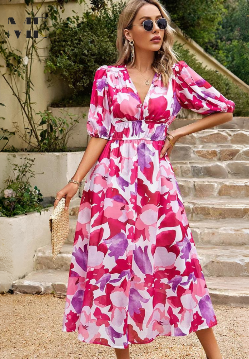 Roxanne | Chic Floral Midi Dress with Flair