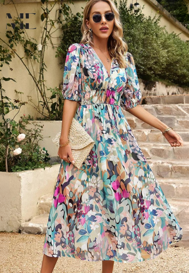 Roxanne | Chic Floral Midi Dress with Flair