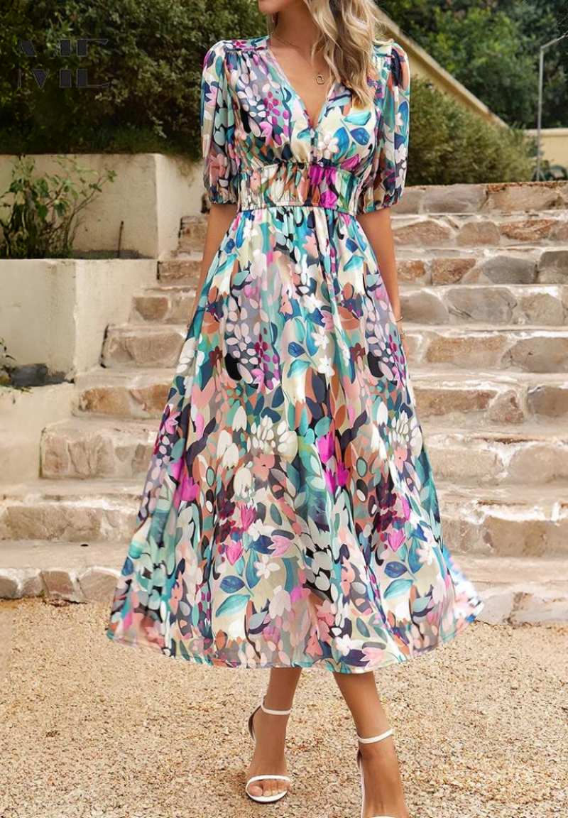 Roxanne | Chic Floral Midi Dress with Flair