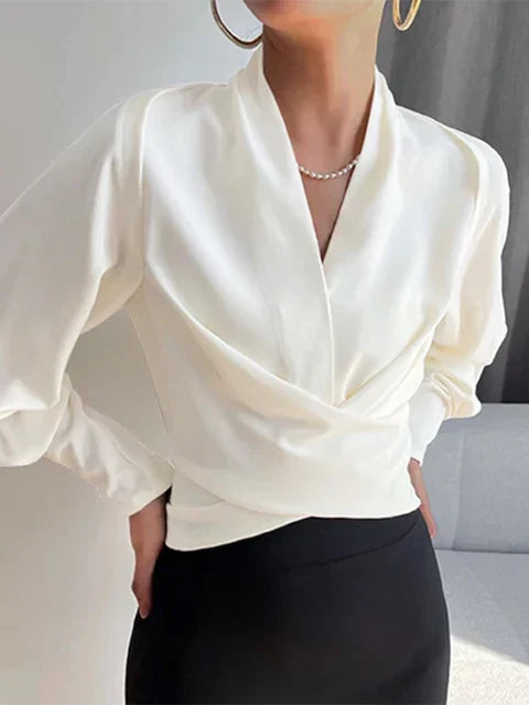 V-neck Women's Blouses with Puff Sleeves