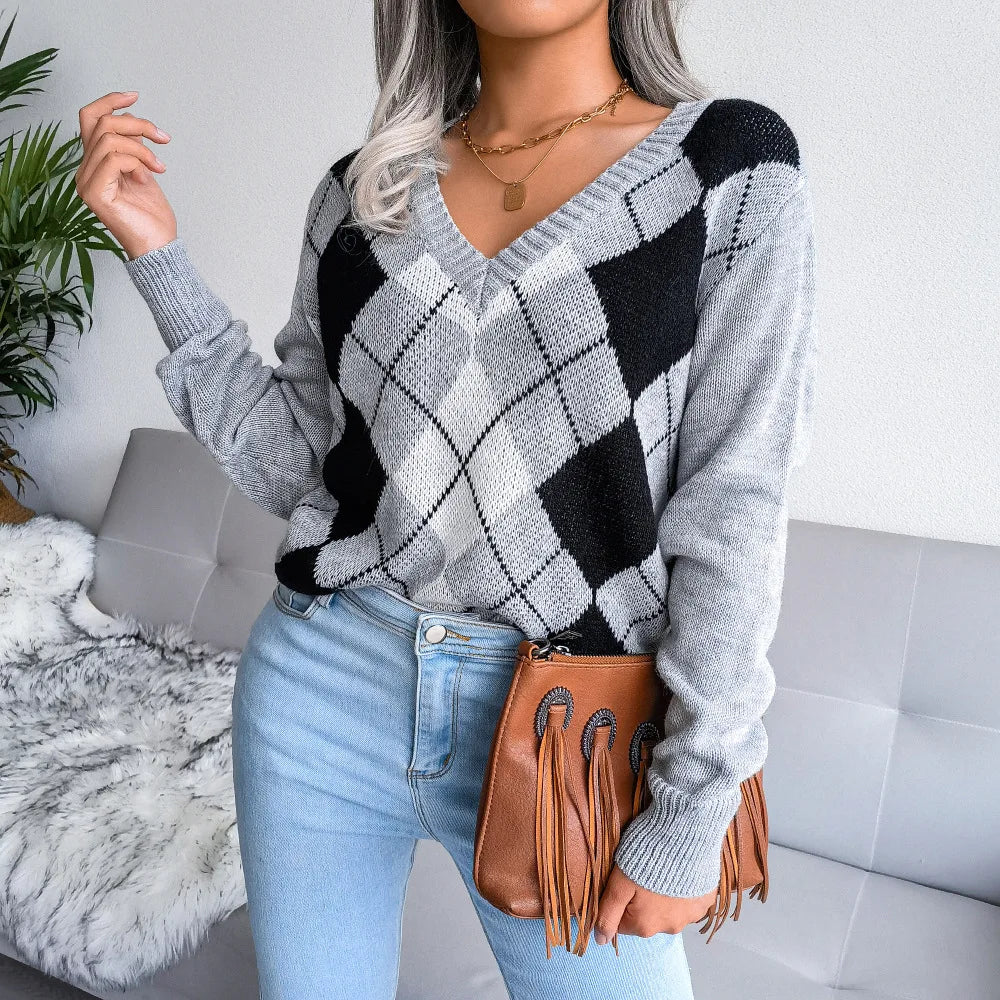 Chloe | Winter Argyle V-Neck Sweater for Women
