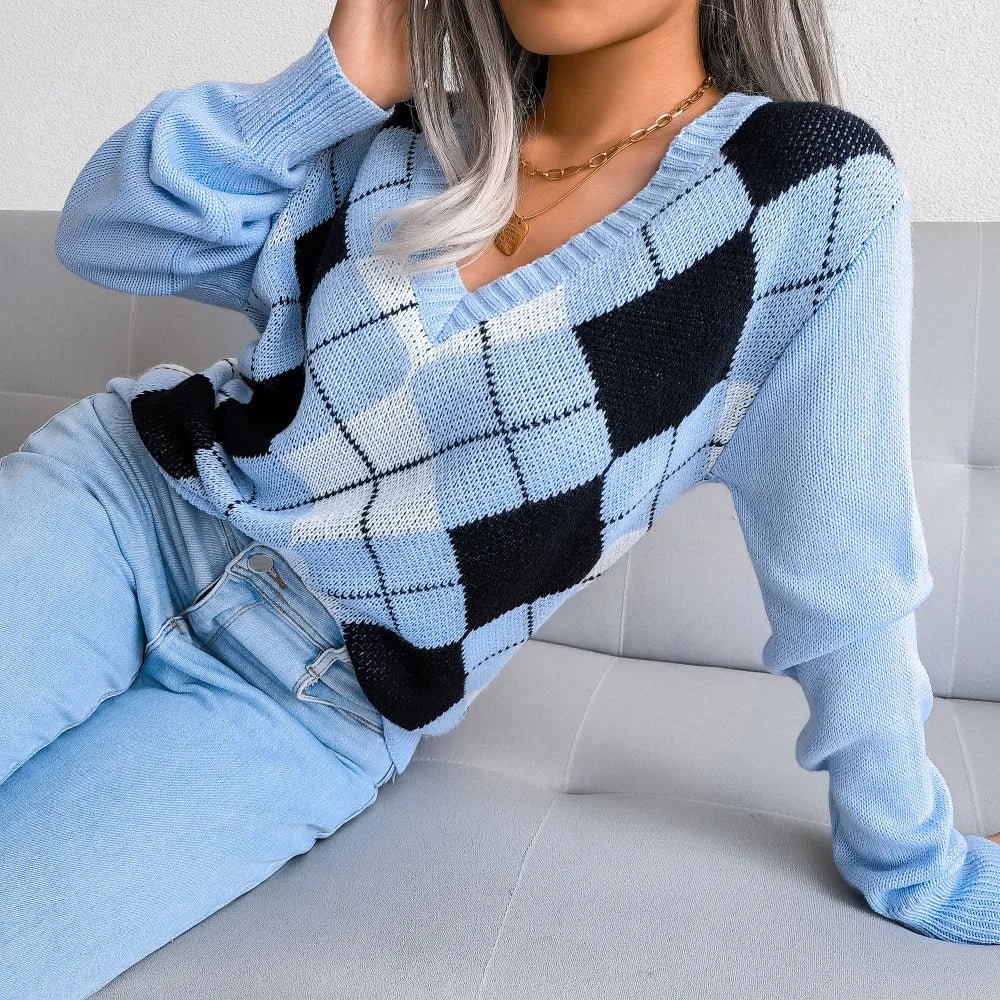 Chloe | Winter Argyle V-Neck Sweater for Women