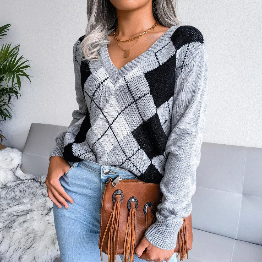 Chloe | Winter Argyle V-Neck Sweater for Women