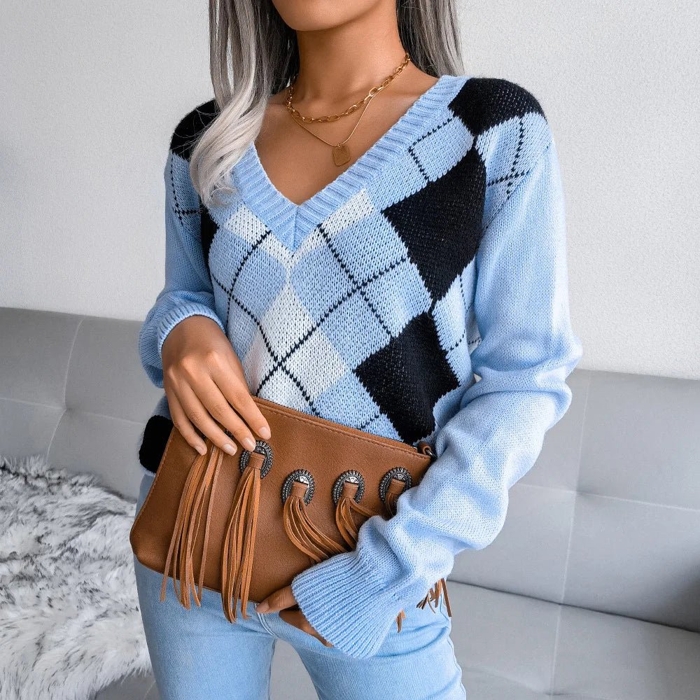 Chloe | Winter Argyle V-Neck Sweater for Women