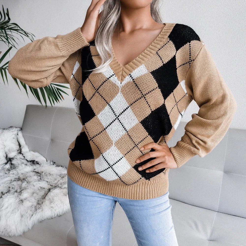 Chloe | Winter Argyle V-Neck Sweater for Women