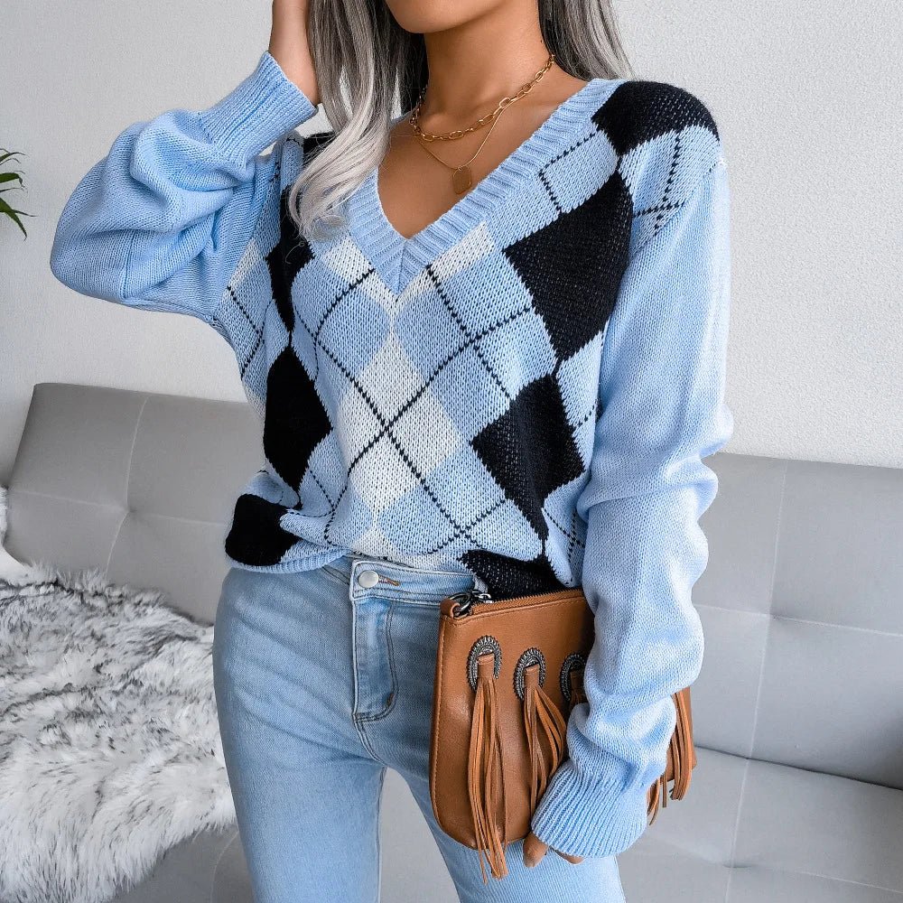 Chloe | Winter Argyle V-Neck Sweater for Women