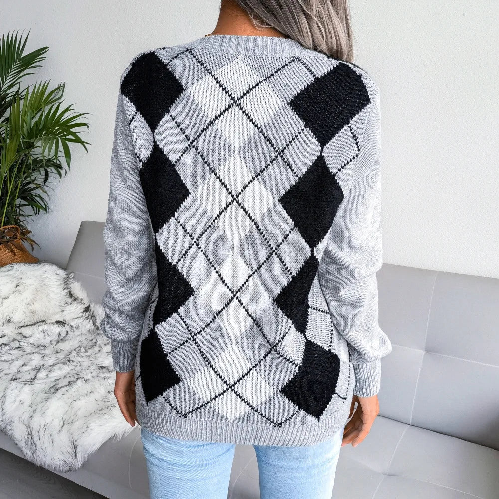 Chloe | Winter Argyle V-Neck Sweater for Women