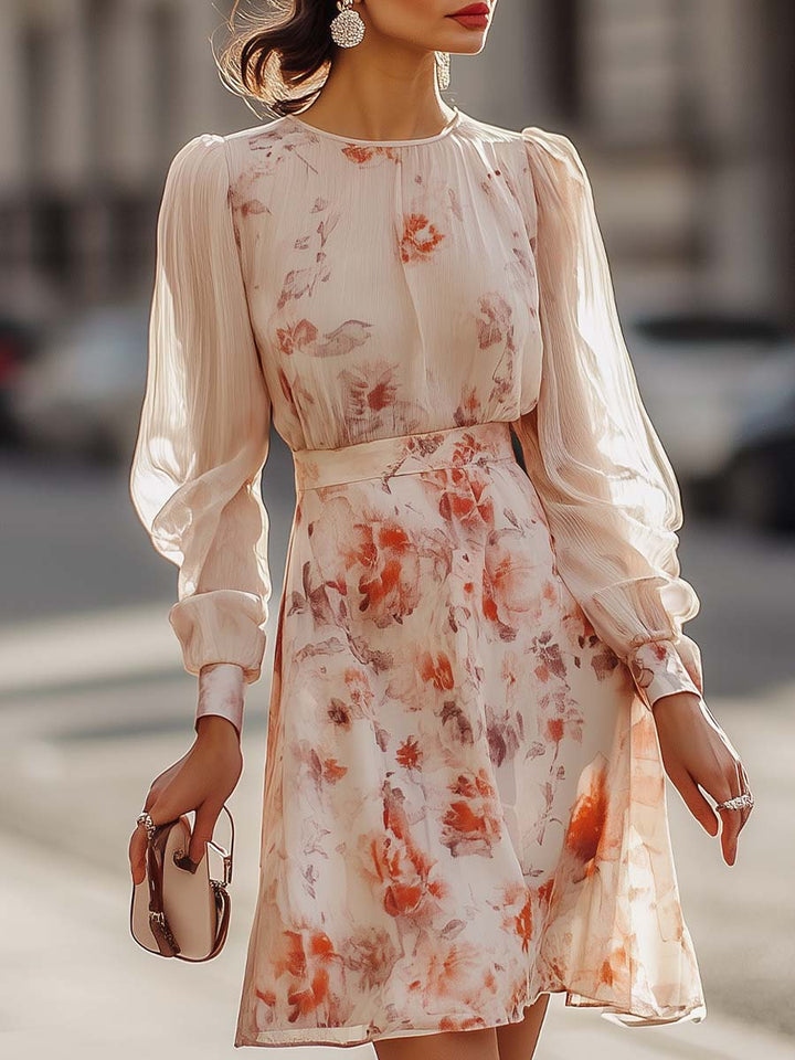 Floral Print Pleated Dress with Short Sleeves
