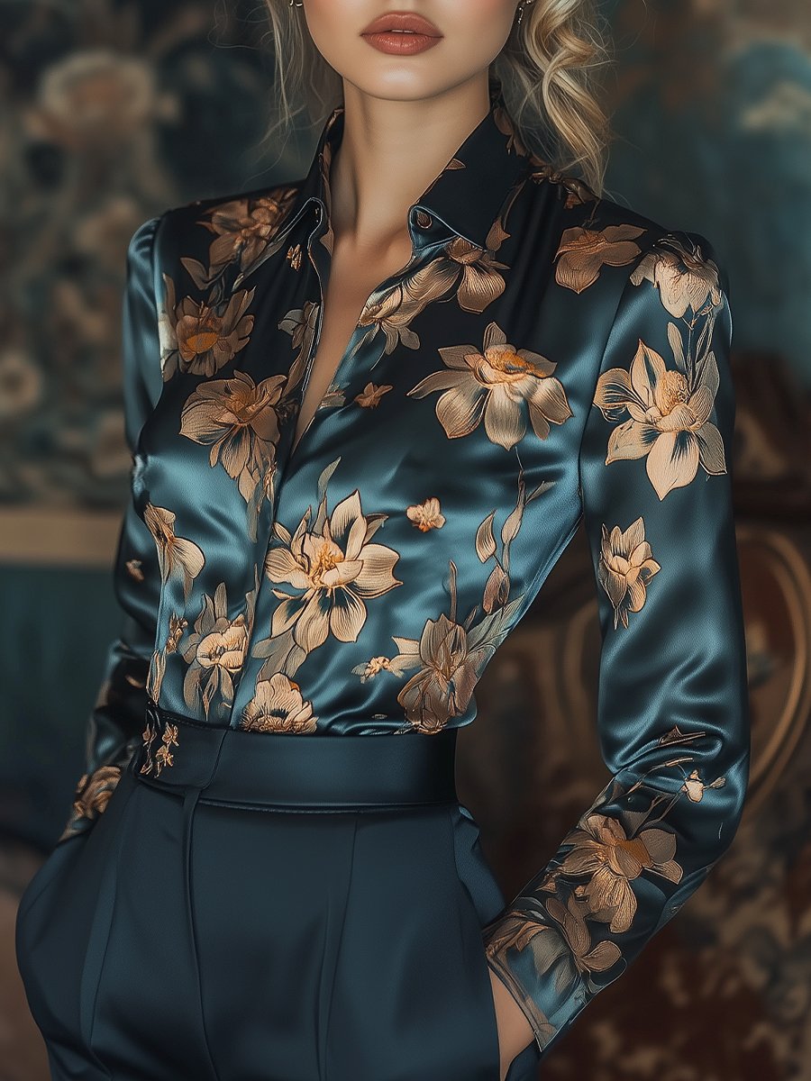 Golden Lotus Floral Satin Print Blouse