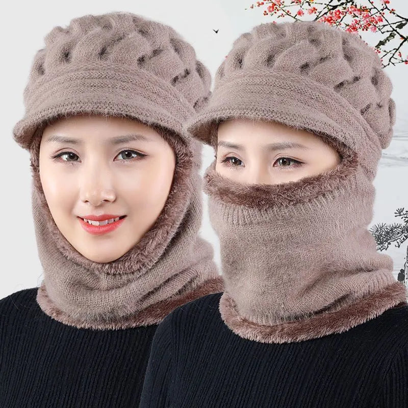 Women's Knitted Beanie with Visor Scarf