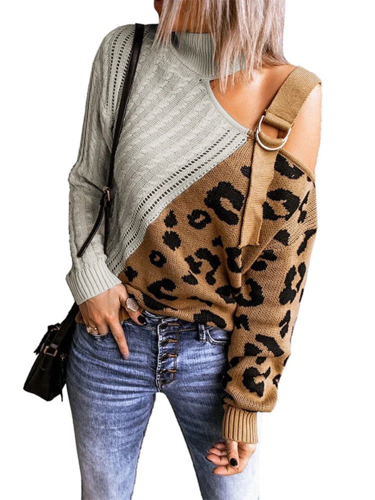 Hazel | Winter Chic One-Shoulder Leopard Sweater
