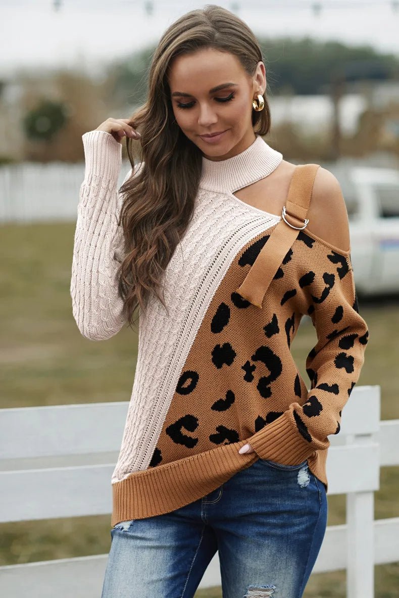 Hazel | Winter Chic One-Shoulder Leopard Sweater