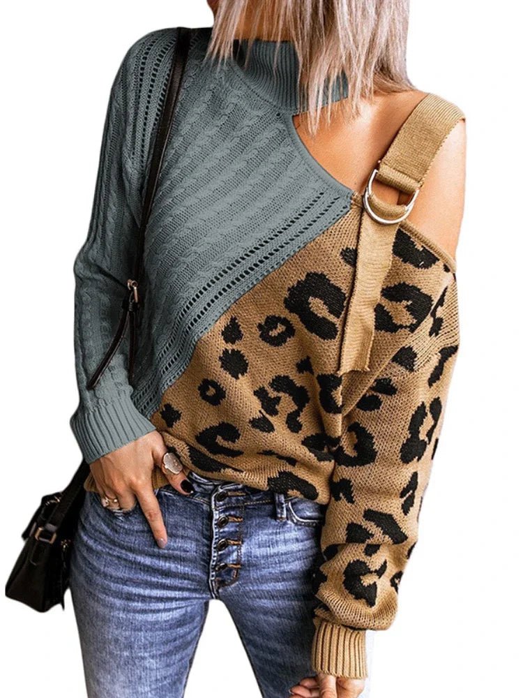 Hazel | Winter Chic One-Shoulder Leopard Sweater
