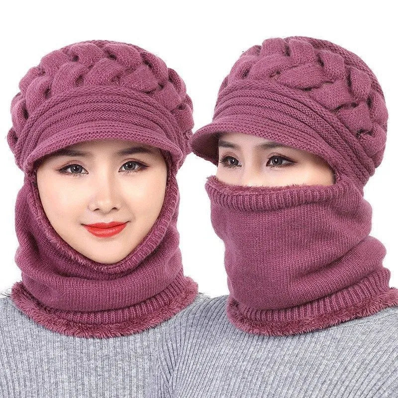 Women's Knitted Beanie with Visor Scarf