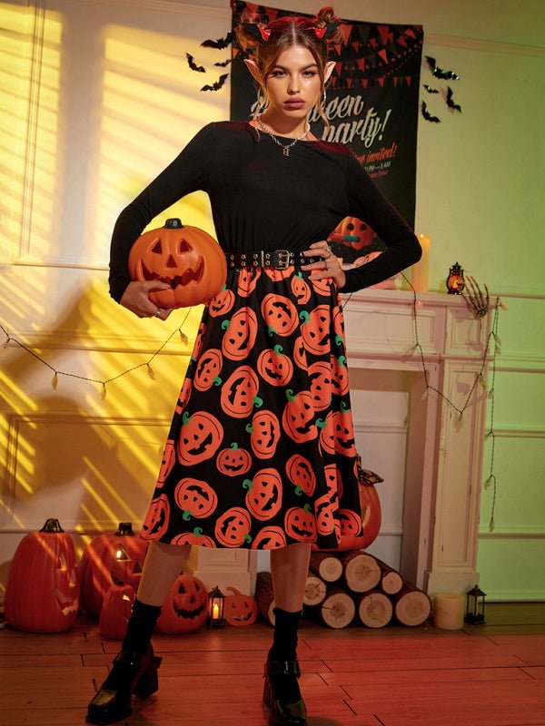Pumpkin Print Long Sleeve Halloween Costume Dress | Midi